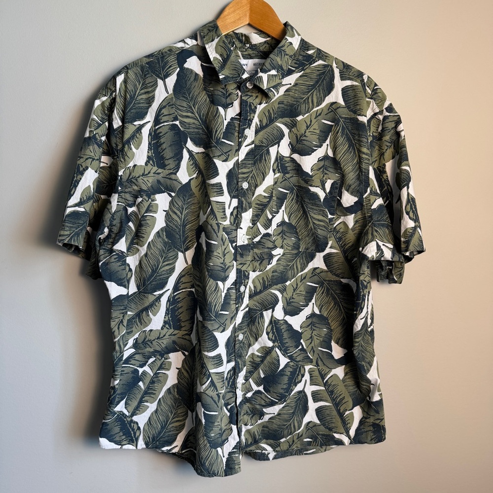 Old Navy Mens Short Sleeve Tropical Leaf Print Button Up Shirt Olive Floral 2XL